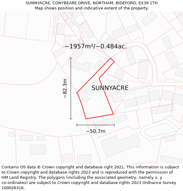 SUNNYACRE, CONYBEARE DRIVE, NORTHAM, BIDEFORD, EX39 1TH: Plot and title map