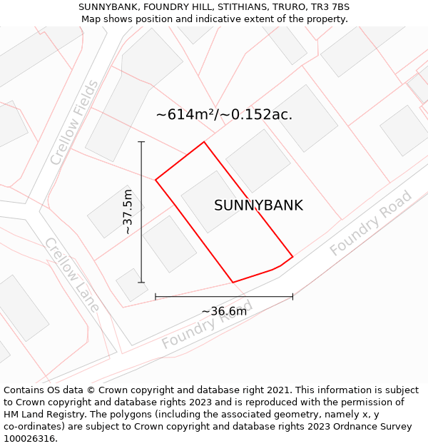 SUNNYBANK, FOUNDRY HILL, STITHIANS, TRURO, TR3 7BS: Plot and title map