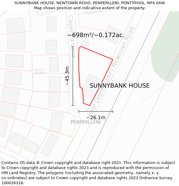 SUNNYBANK HOUSE, NEWTOWN ROAD, PENPERLLENI, PONTYPOOL, NP4 0AW: Plot and title map