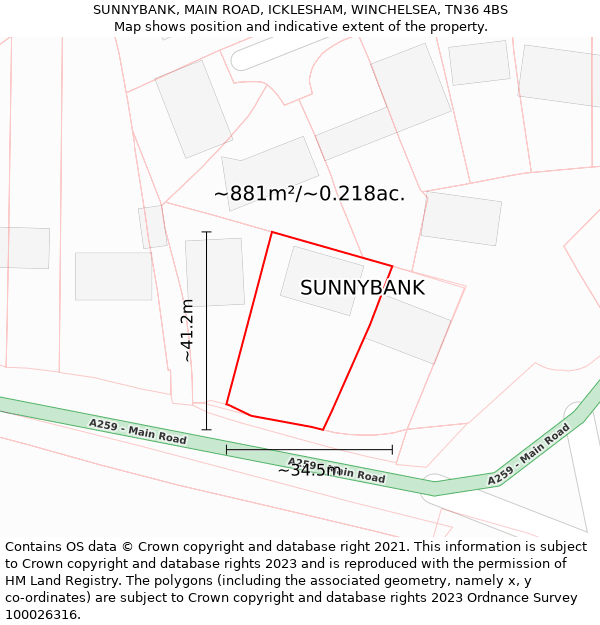 SUNNYBANK, MAIN ROAD, ICKLESHAM, WINCHELSEA, TN36 4BS: Plot and title map