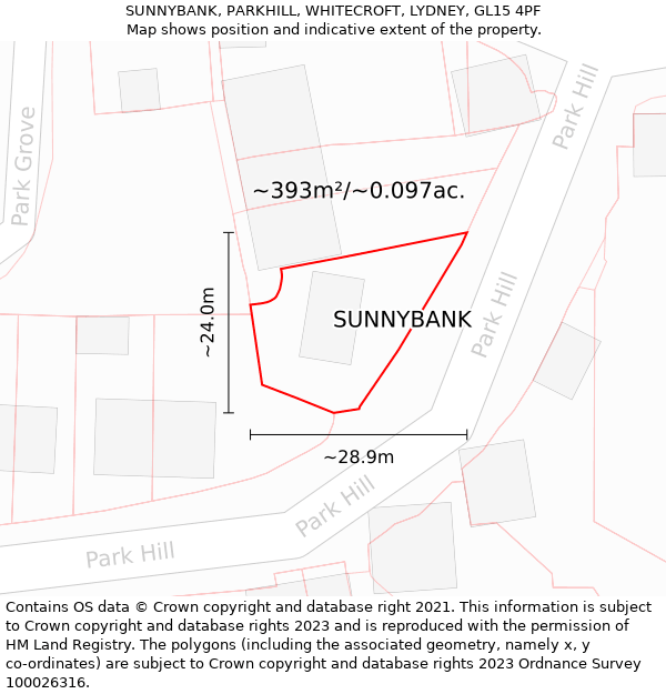 SUNNYBANK, PARKHILL, WHITECROFT, LYDNEY, GL15 4PF: Plot and title map