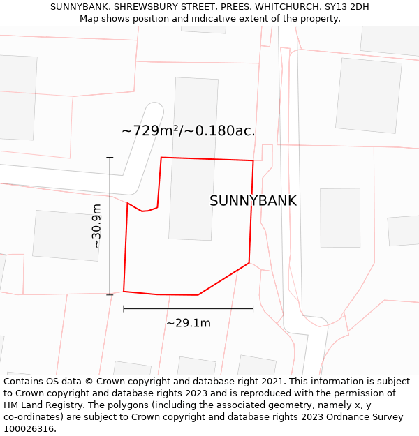 SUNNYBANK, SHREWSBURY STREET, PREES, WHITCHURCH, SY13 2DH: Plot and title map