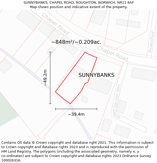 SUNNYBANKS, CHAPEL ROAD, ROUGHTON, NORWICH, NR11 8AF: Plot and title map