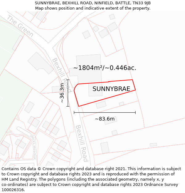 SUNNYBRAE, BEXHILL ROAD, NINFIELD, BATTLE, TN33 9JB: Plot and title map