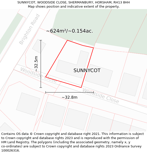 SUNNYCOT, WOODSIDE CLOSE, SHERMANBURY, HORSHAM, RH13 8HH: Plot and title map