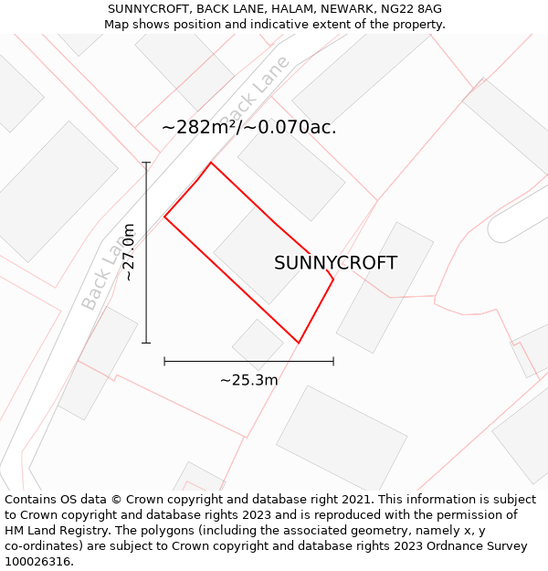 SUNNYCROFT, BACK LANE, HALAM, NEWARK, NG22 8AG: Plot and title map