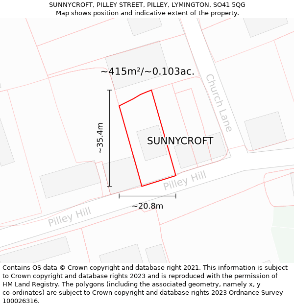 SUNNYCROFT, PILLEY STREET, PILLEY, LYMINGTON, SO41 5QG: Plot and title map