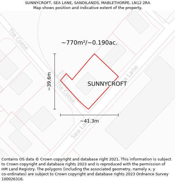 SUNNYCROFT, SEA LANE, SANDILANDS, MABLETHORPE, LN12 2RA: Plot and title map