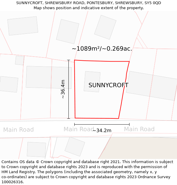 SUNNYCROFT, SHREWSBURY ROAD, PONTESBURY, SHREWSBURY, SY5 0QD: Plot and title map