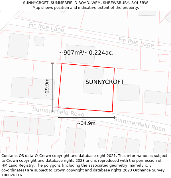 SUNNYCROFT, SUMMERFIELD ROAD, WEM, SHREWSBURY, SY4 5BW: Plot and title map