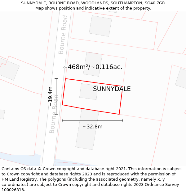 SUNNYDALE, BOURNE ROAD, WOODLANDS, SOUTHAMPTON, SO40 7GR: Plot and title map