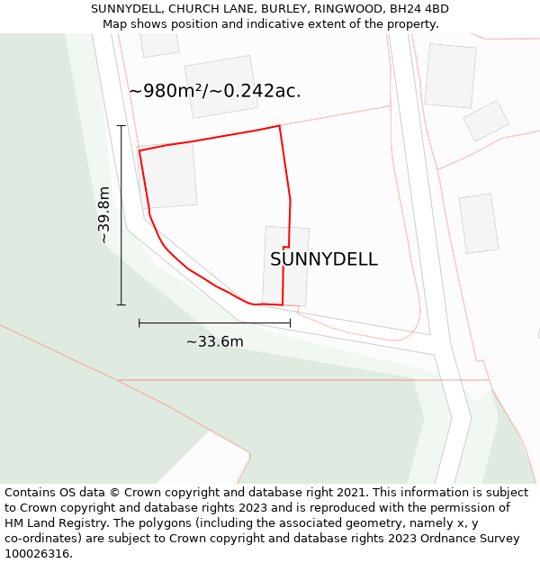 SUNNYDELL, CHURCH LANE, BURLEY, RINGWOOD, BH24 4BD: Plot and title map