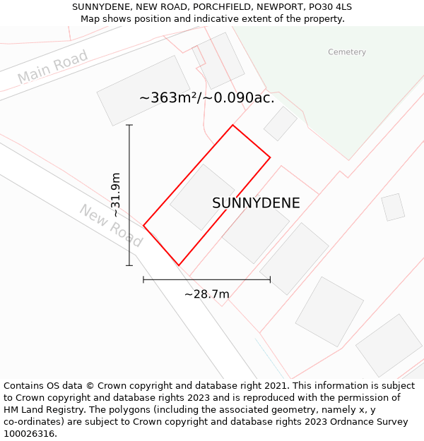 SUNNYDENE, NEW ROAD, PORCHFIELD, NEWPORT, PO30 4LS: Plot and title map