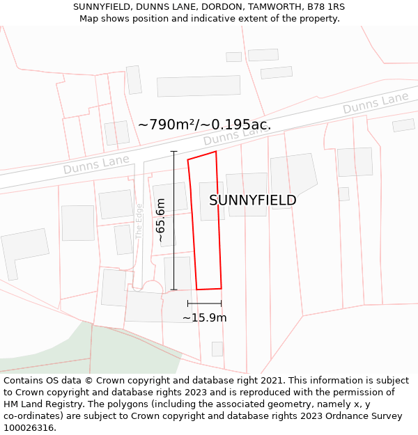 SUNNYFIELD, DUNNS LANE, DORDON, TAMWORTH, B78 1RS: Plot and title map