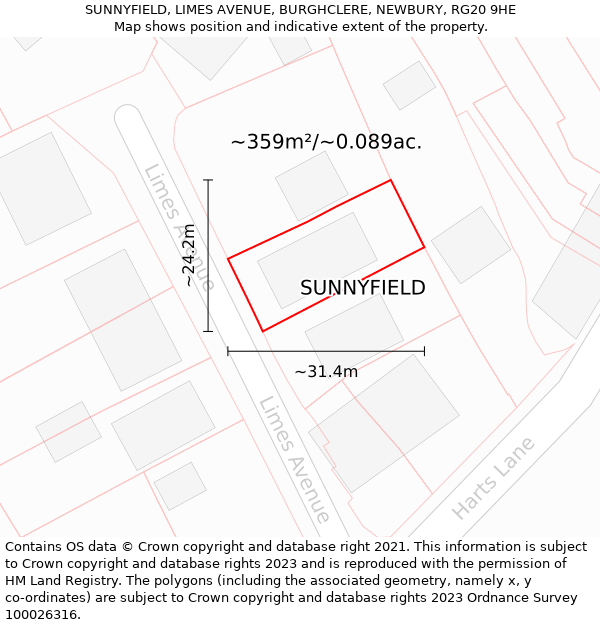 SUNNYFIELD, LIMES AVENUE, BURGHCLERE, NEWBURY, RG20 9HE: Plot and title map