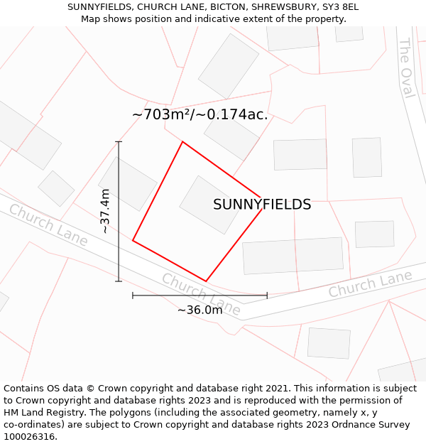 SUNNYFIELDS, CHURCH LANE, BICTON, SHREWSBURY, SY3 8EL: Plot and title map