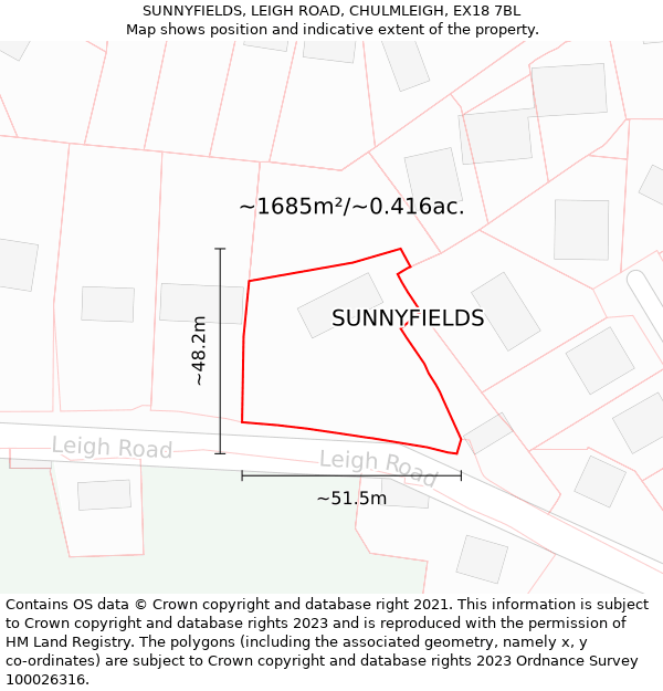 SUNNYFIELDS, LEIGH ROAD, CHULMLEIGH, EX18 7BL: Plot and title map