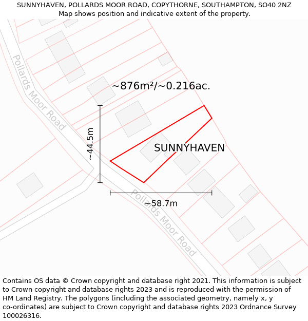 SUNNYHAVEN, POLLARDS MOOR ROAD, COPYTHORNE, SOUTHAMPTON, SO40 2NZ: Plot and title map