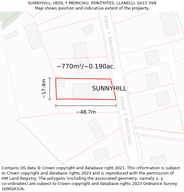 SUNNYHILL, HEOL Y MEINCIAU, PONTYATES, LLANELLI, SA15 5SN: Plot and title map