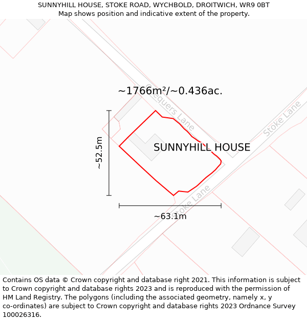 SUNNYHILL HOUSE, STOKE ROAD, WYCHBOLD, DROITWICH, WR9 0BT: Plot and title map