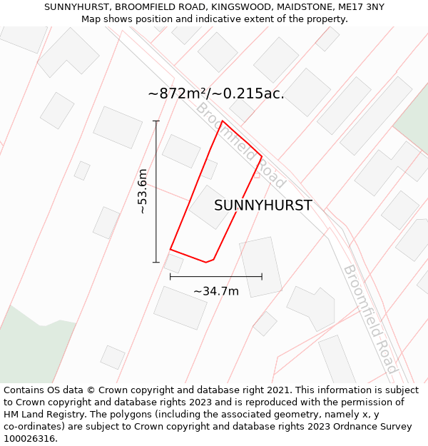 SUNNYHURST, BROOMFIELD ROAD, KINGSWOOD, MAIDSTONE, ME17 3NY: Plot and title map