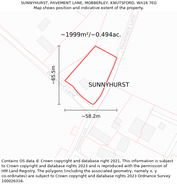 SUNNYHURST, PAVEMENT LANE, MOBBERLEY, KNUTSFORD, WA16 7EG: Plot and title map