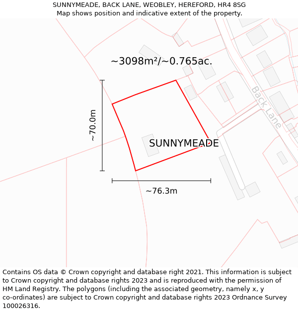 SUNNYMEADE, BACK LANE, WEOBLEY, HEREFORD, HR4 8SG: Plot and title map