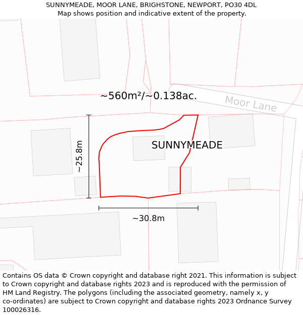 SUNNYMEADE, MOOR LANE, BRIGHSTONE, NEWPORT, PO30 4DL: Plot and title map