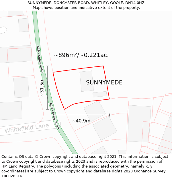 SUNNYMEDE, DONCASTER ROAD, WHITLEY, GOOLE, DN14 0HZ: Plot and title map