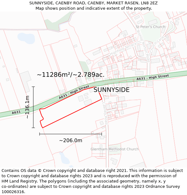 SUNNYSIDE, CAENBY ROAD, CAENBY, MARKET RASEN, LN8 2EZ: Plot and title map