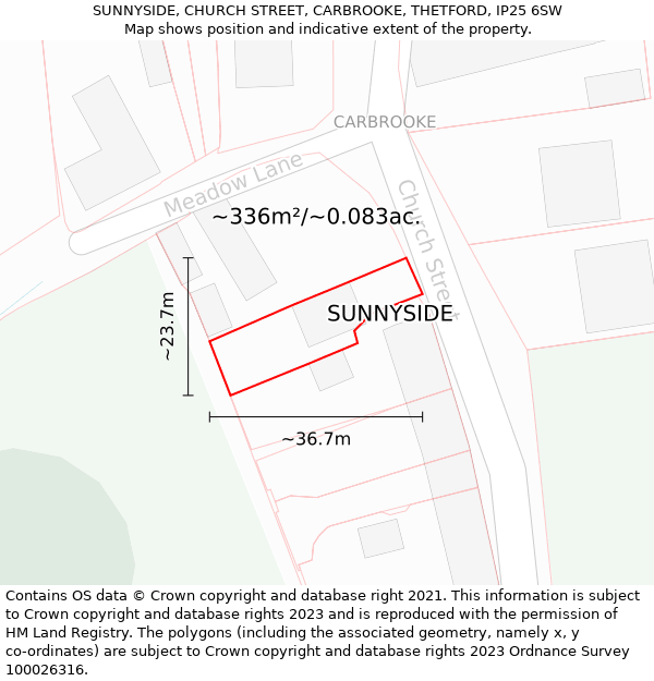 SUNNYSIDE, CHURCH STREET, CARBROOKE, THETFORD, IP25 6SW: Plot and title map