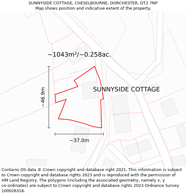 SUNNYSIDE COTTAGE, CHESELBOURNE, DORCHESTER, DT2 7NP: Plot and title map