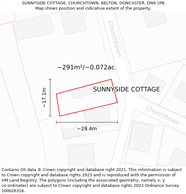 SUNNYSIDE COTTAGE, CHURCHTOWN, BELTON, DONCASTER, DN9 1PB: Plot and title map