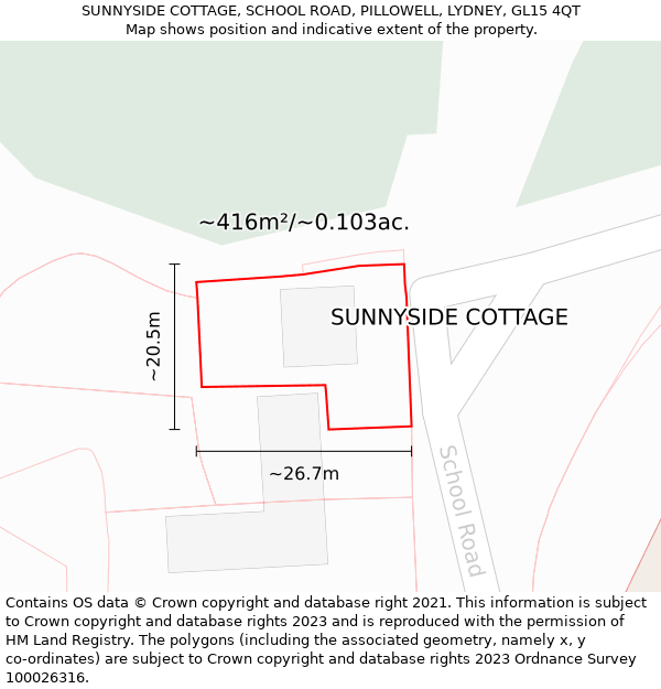 SUNNYSIDE COTTAGE, SCHOOL ROAD, PILLOWELL, LYDNEY, GL15 4QT: Plot and title map