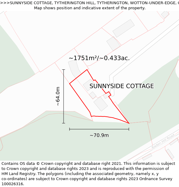 SUNNYSIDE COTTAGE, TYTHERINGTON HILL, TYTHERINGTON, WOTTON-UNDER-EDGE, GL12 8UR: Plot and title map