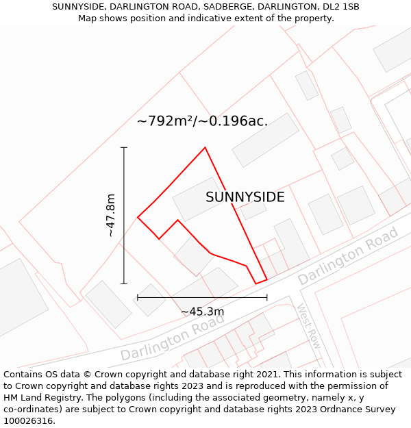 SUNNYSIDE, DARLINGTON ROAD, SADBERGE, DARLINGTON, DL2 1SB: Plot and title map