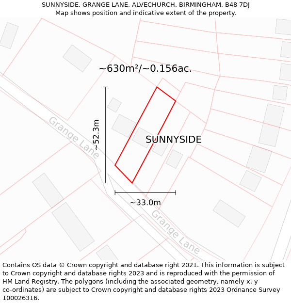 SUNNYSIDE, GRANGE LANE, ALVECHURCH, BIRMINGHAM, B48 7DJ: Plot and title map