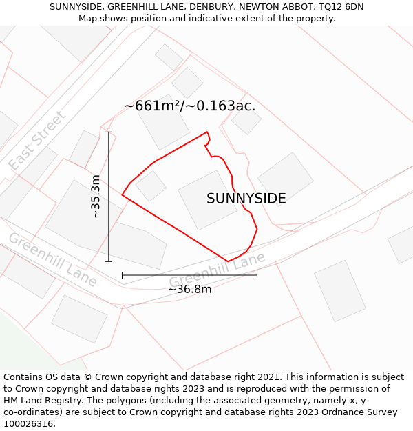 SUNNYSIDE, GREENHILL LANE, DENBURY, NEWTON ABBOT, TQ12 6DN: Plot and title map