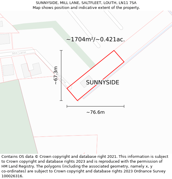 SUNNYSIDE, MILL LANE, SALTFLEET, LOUTH, LN11 7SA: Plot and title map