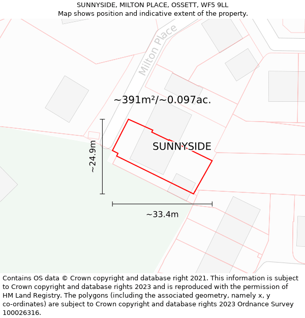 SUNNYSIDE, MILTON PLACE, OSSETT, WF5 9LL: Plot and title map