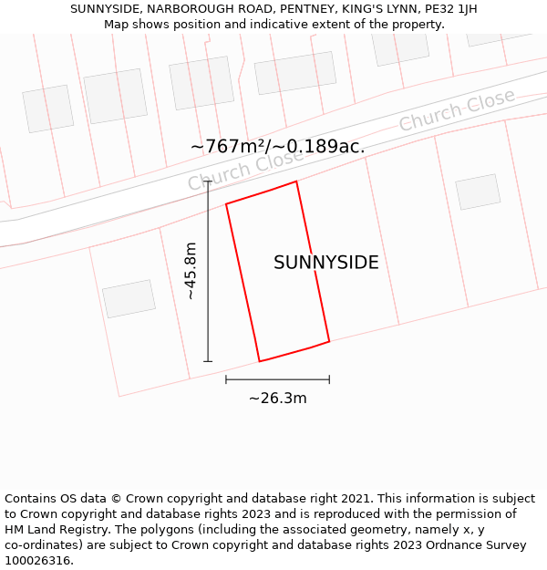 SUNNYSIDE, NARBOROUGH ROAD, PENTNEY, KING'S LYNN, PE32 1JH: Plot and title map