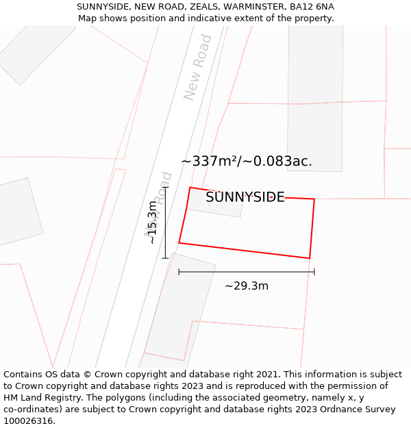 SUNNYSIDE, NEW ROAD, ZEALS, WARMINSTER, BA12 6NA: Plot and title map