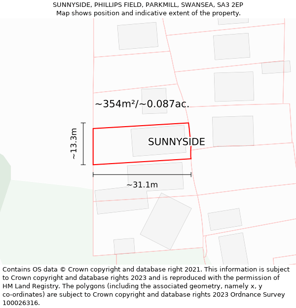 SUNNYSIDE, PHILLIPS FIELD, PARKMILL, SWANSEA, SA3 2EP: Plot and title map