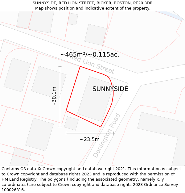 SUNNYSIDE, RED LION STREET, BICKER, BOSTON, PE20 3DR: Plot and title map
