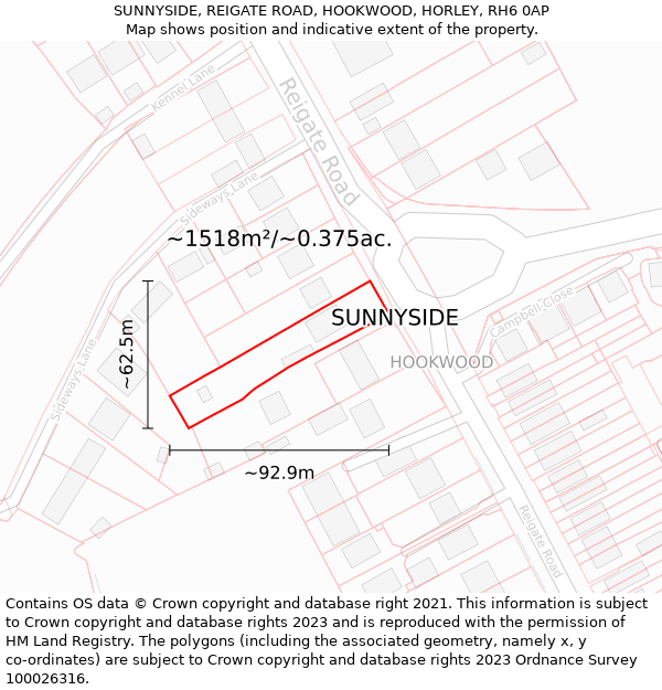 SUNNYSIDE, REIGATE ROAD, HOOKWOOD, HORLEY, RH6 0AP: Plot and title map