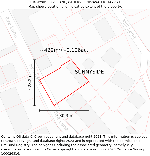 SUNNYSIDE, RYE LANE, OTHERY, BRIDGWATER, TA7 0PT: Plot and title map