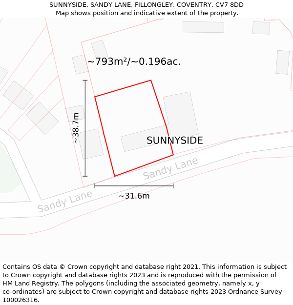 SUNNYSIDE, SANDY LANE, FILLONGLEY, COVENTRY, CV7 8DD: Plot and title map