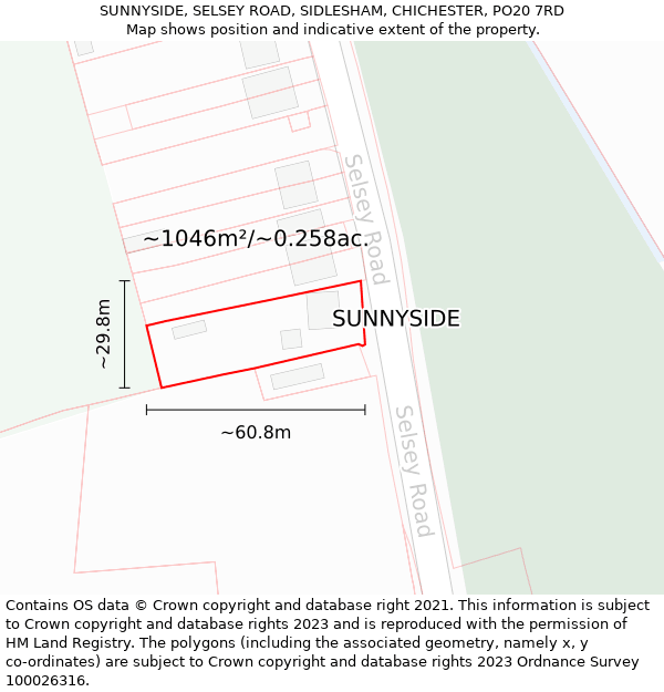 SUNNYSIDE, SELSEY ROAD, SIDLESHAM, CHICHESTER, PO20 7RD: Plot and title map