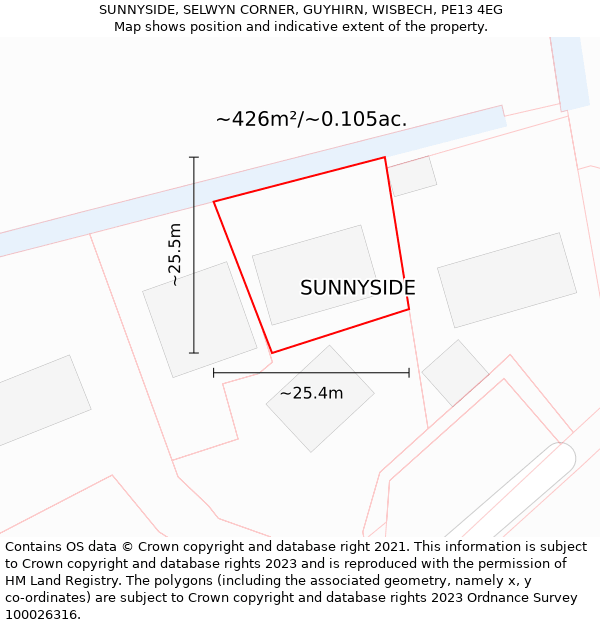 SUNNYSIDE, SELWYN CORNER, GUYHIRN, WISBECH, PE13 4EG: Plot and title map