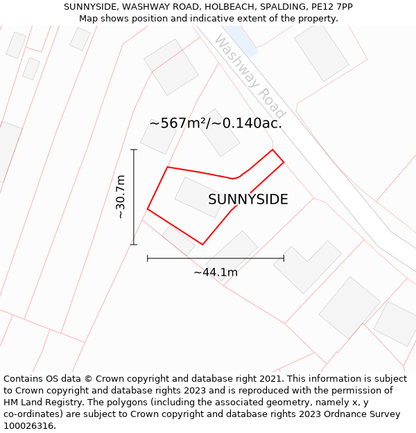 SUNNYSIDE, WASHWAY ROAD, HOLBEACH, SPALDING, PE12 7PP: Plot and title map